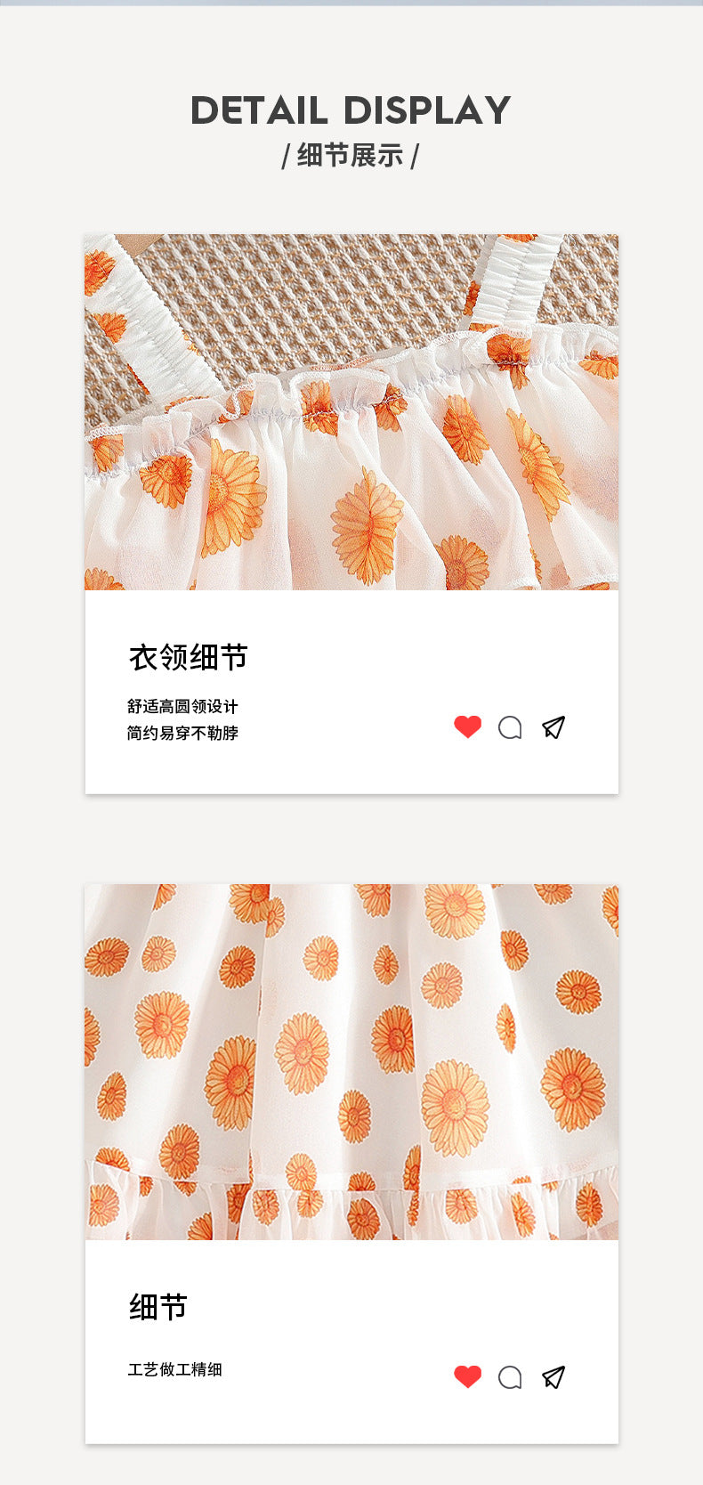 Girls' summer sundress - orange floral print, ruffle collar, tiered cake dress, princess style