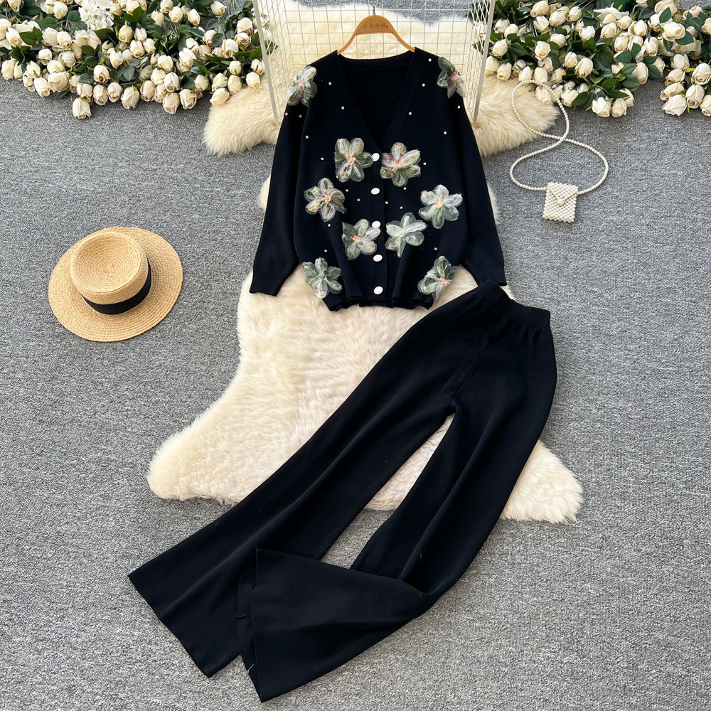 Trendy and chic heavy beaded 3d floral long sleeve knit top and high-waisted casual sweater pants two-piece set for women