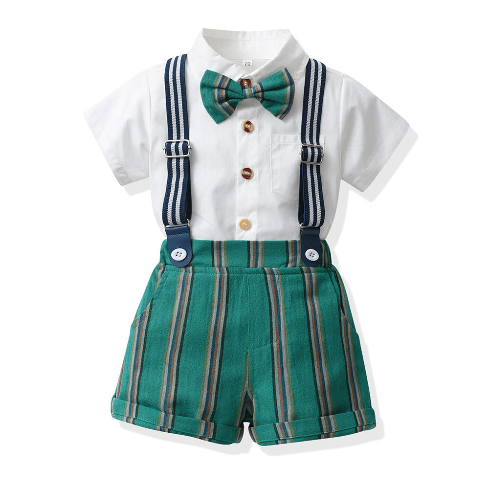 New in stock: summer boys' british style outfit - short sleeve shirt & striped overalls gentleman's first birthday suit