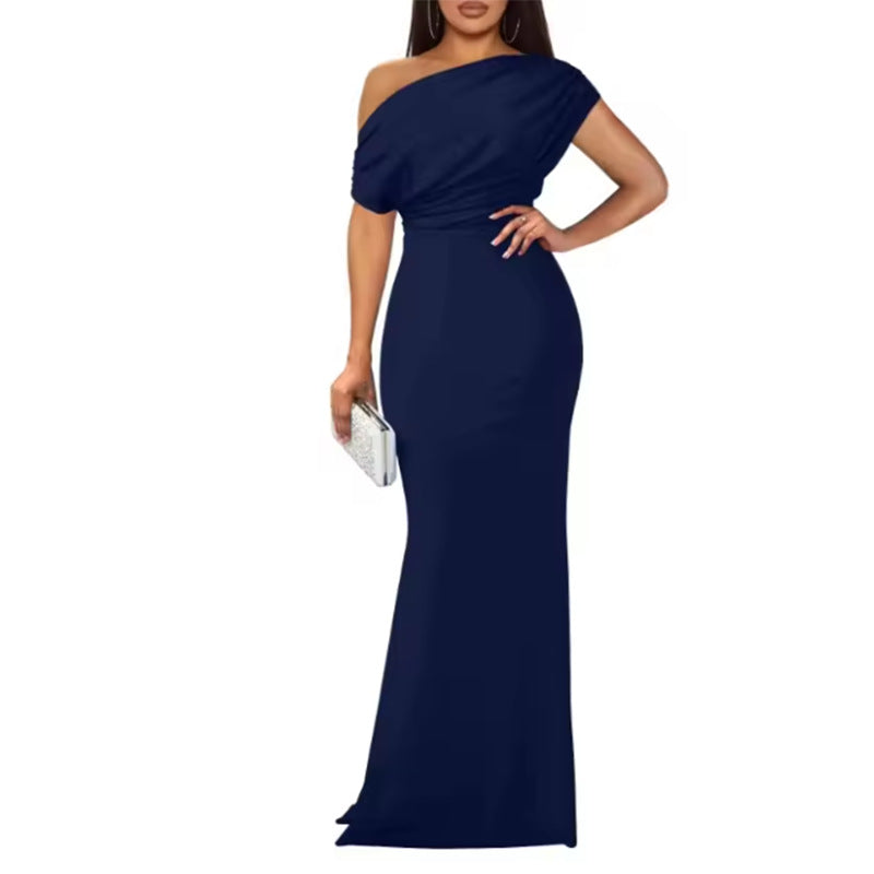 cross-border e-commerce dress: new summer women's fashionable one-shoulder solid color pleated waist dress