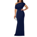 cross-border e-commerce dress: new summer women's fashionable one-shoulder solid color pleated waist dress