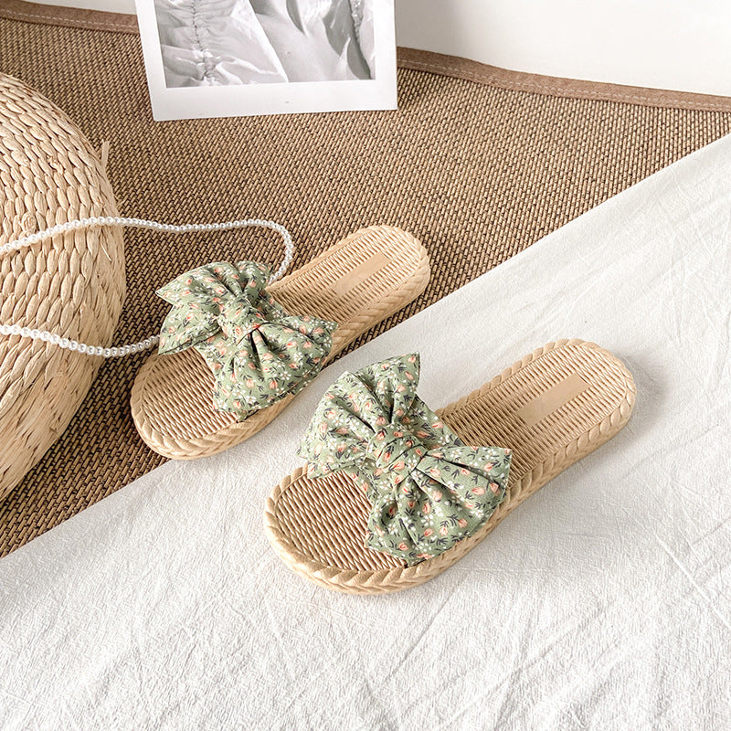 Women's flat sandals - fairy style, new korean style for summer 2024, versatile bowknot beach slides