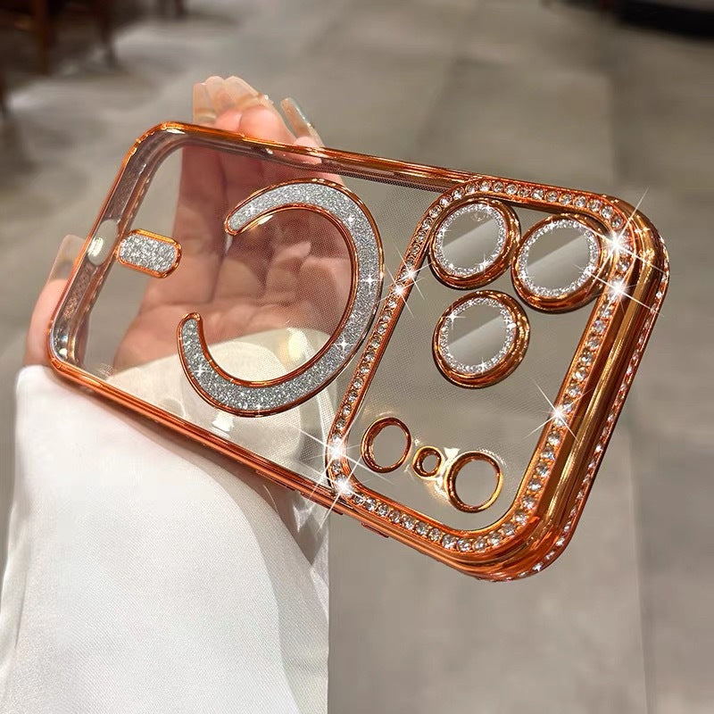 Suitable for iphone17promax mobile phone case, high-end edge diamond magnetic glitter lens film, apple 15 protective cover