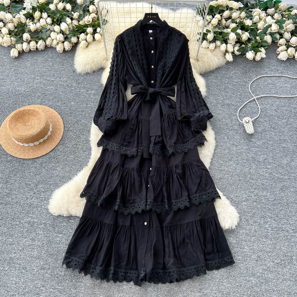 Frenchclassyretrolacepatchwork lantern sleeve dress women's autum strap waist slimming lookelegance long dress