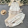 Vintage court style embroidered print elegant two-piece set - women's autumn polo collar slim fit wide leg pants - executive lady outfit