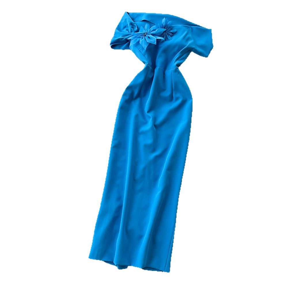Pure desire style one shoulder sleeveless eleganteasiest for matchdress women's stereo flower decoration waist slimming lookelegant skirt