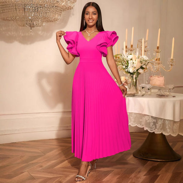 new lotus leaf short-sleeved pleated skirt V-neck temperament elegant banquet evening dress Date Dress
