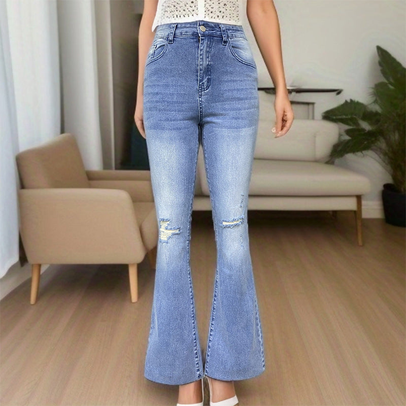 Women's denim jeans for export,  new collection: european and american style, stretch, washed, distressed, slightly flared, elegant commuter jeans