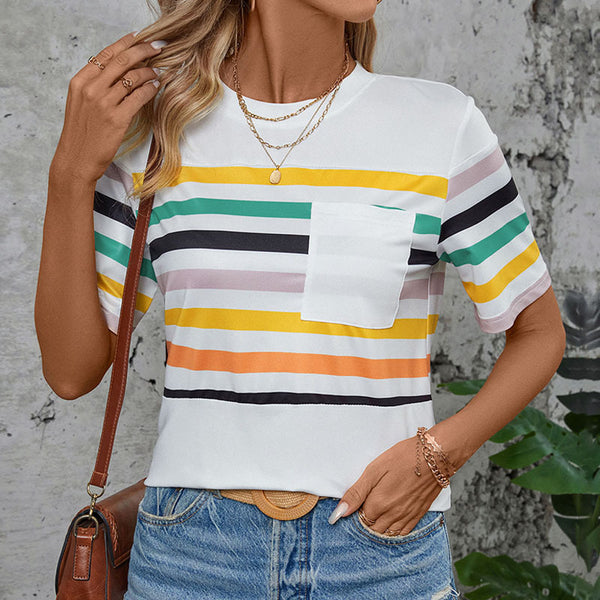 Independent Station Foreign Trade 2024 New European and American Women's Clothing Cross-border Color Striped Short Sleeve T-Shirt Women's Summer