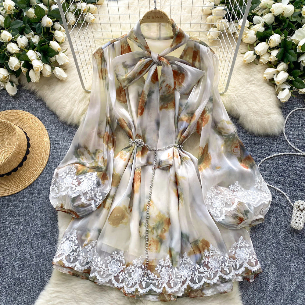 Spring european and american style women's dress - bow neckline, tie-up lantern sleeves, lace trim, shiny chiffon skirt, mini dress
