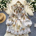 Spring european and american style women's dress - bow neckline, tie-up lantern sleeves, lace trim, shiny chiffon skirt, mini dress