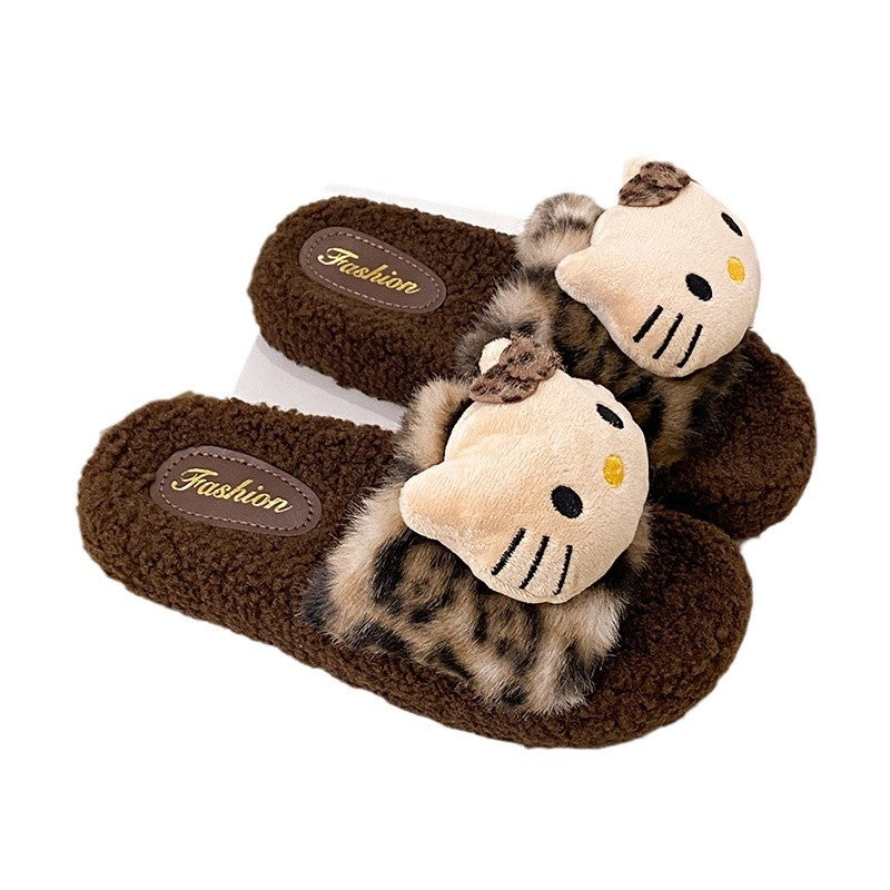 Cute leopard print hello kitty fuzzy slippers for women - new winter thick-soled design, stylish outdoor wear, warm and cozy one-strap cotton slippers