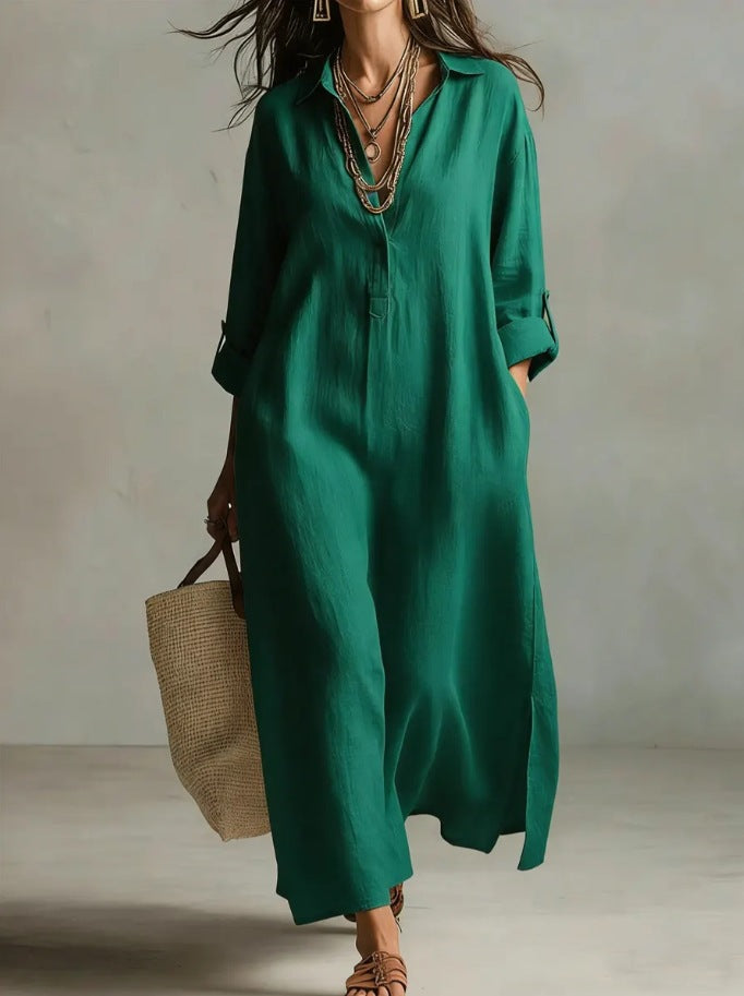 fashion spring and summer new arrivaldresspure color lapel casuallong sleevesshirt skirt lazy style cotton and linen
