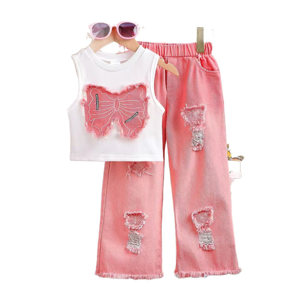 Children'sclothingsummer patch bow sleeveless tops+pink ripped denim pants set