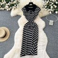 Korean chic summer dress: niche retro polo collar short sleeve striped midi dress - women's slim fit, elegant slit design