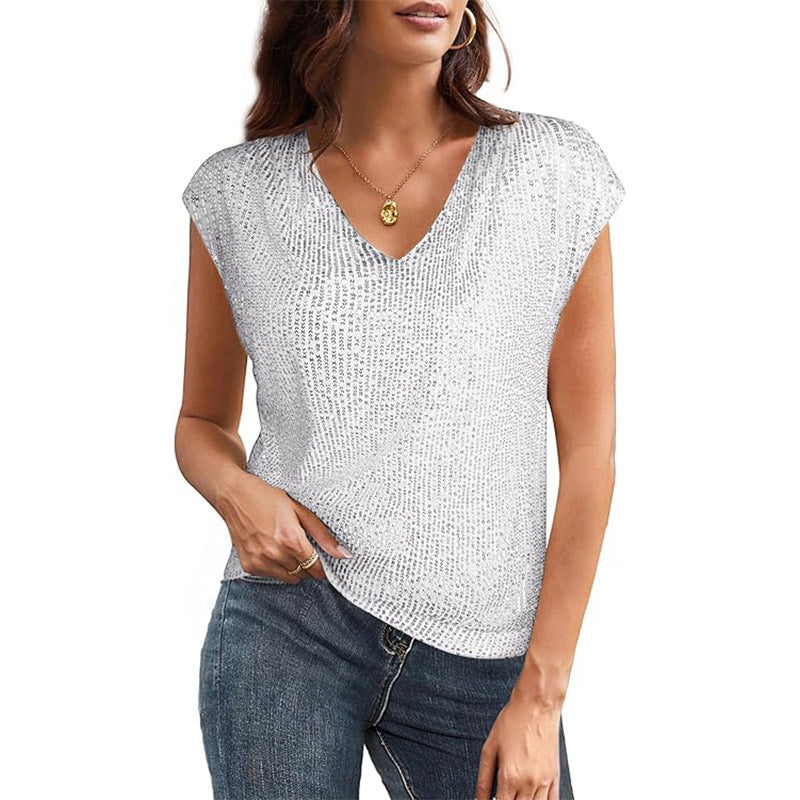 European and american cross-border summer new women's clothing  sexy v-neck sequin beaded shiny party vest t-shirt