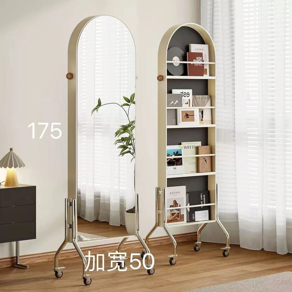 Full-length mirror, movable mirror, medieval style storage magazine rack, floor mirror, home storage bookshelf, rotating full-length mirror