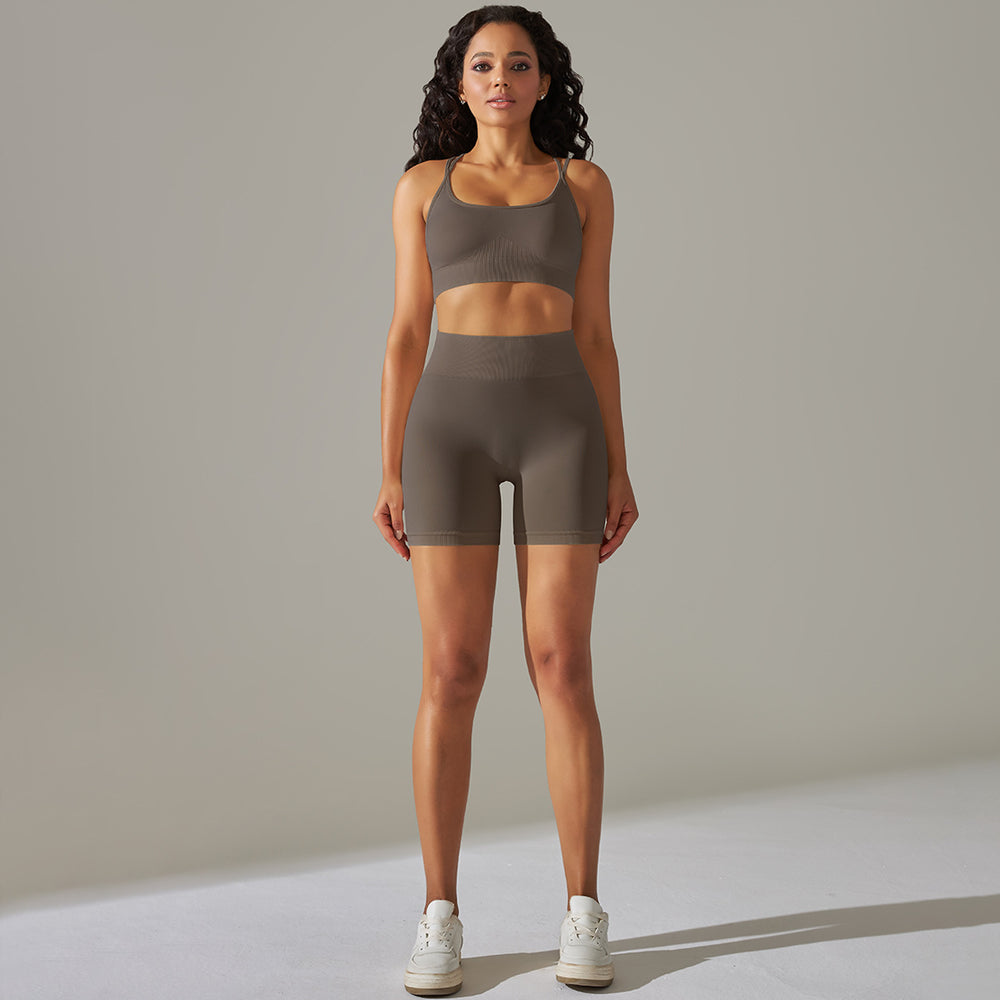 fashion seamless tight cross back sports intimates yoga suit running fitness shorts two-piece set