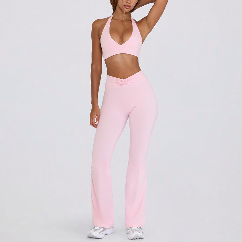 Sling backless nude back running halter sports intimates bra fitness flare pants yoga suit women