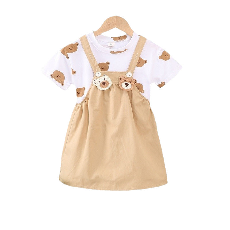Children's summer overalls two-piece set for boys and girls, 0-5 years old, all-over print crew neck short sleeve outfit