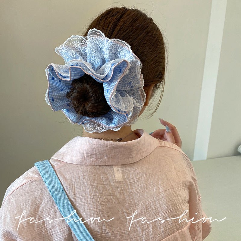 Large yellow floral plaid large intestine hair tie for women 2026new arrival ball hair rope forest style sweet ponytail hair rope