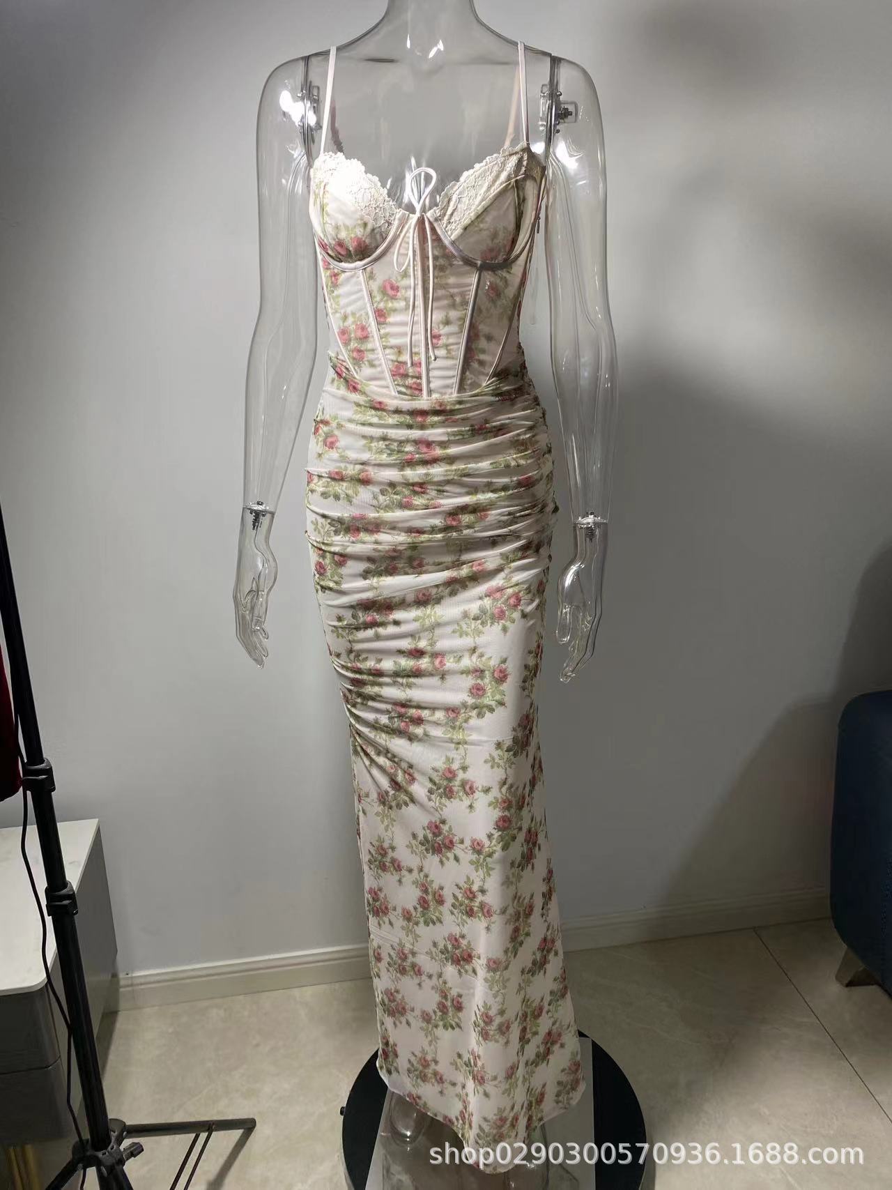 SDM161 temperament printed tube top suspender chest cotton with fishbone straps dress hip skirt Dress