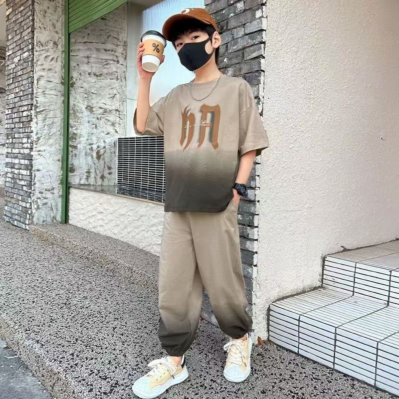 Boys' summer short-sleeve and pants set,  new style, mid-to-large children's activewear, kids' summer lightweight two-piece outfit
