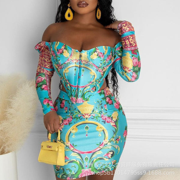 LZS2873 Cross-border new women's clothing European and American new blue flower printed top skirt set - positioning printing