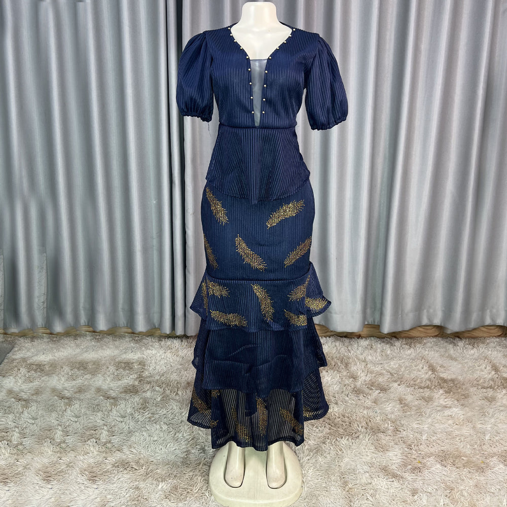 Export african women's v neck mesh silm beading hot diamond pleated lotus leaf fishtail long skirt small dress