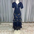 Export african women's v neck mesh silm beading hot diamond pleated lotus leaf fishtail long skirt small dress