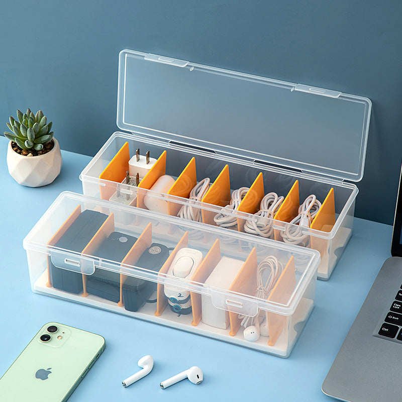 Desktop long rectangular storage box with lid grid transparent storage box flip plastic data cable storage box