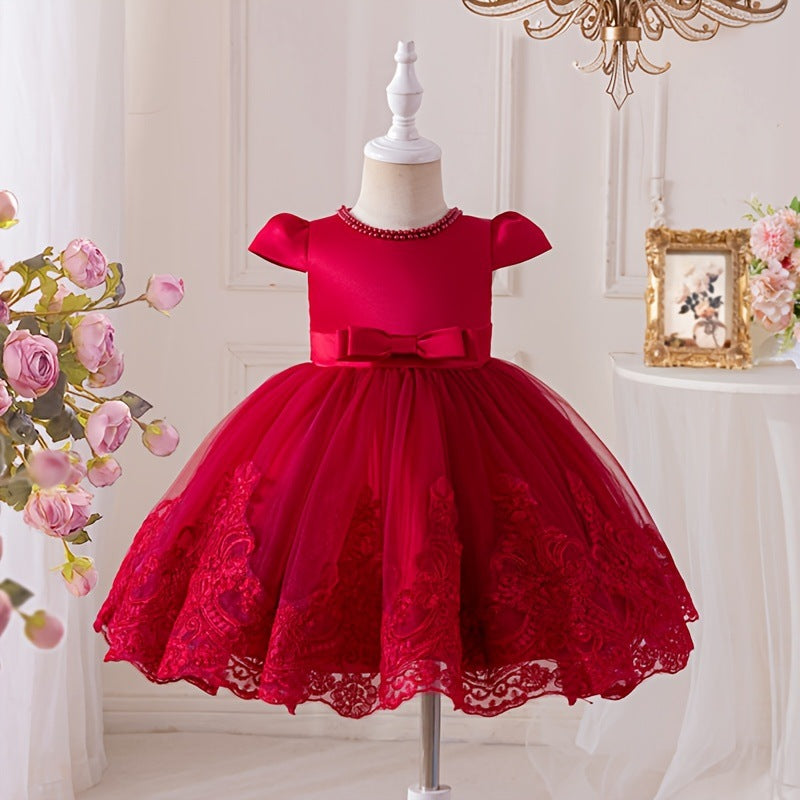 new product flying sleeves beaded first birthday dress embroidered bows fluffy trailing skirt flower children's clothing catwalk performance costume