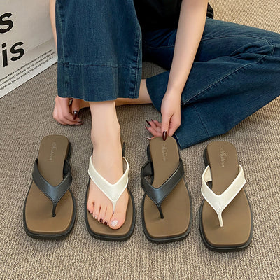 Fashionclassy square toe flip-flops women's summernew arrivaloutwear wedge heel wasteland style color matching thick sole sandals