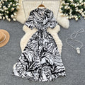 Frenchretrosense of design strappy waist short-sleeved printingdress women's summerslimming lookelegant large swing long skirt
