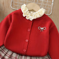 Girls' sweater set -  winter new arrival: stylish ruffle-trimmed thick cardigan sweater and plaid skirt two-piece set