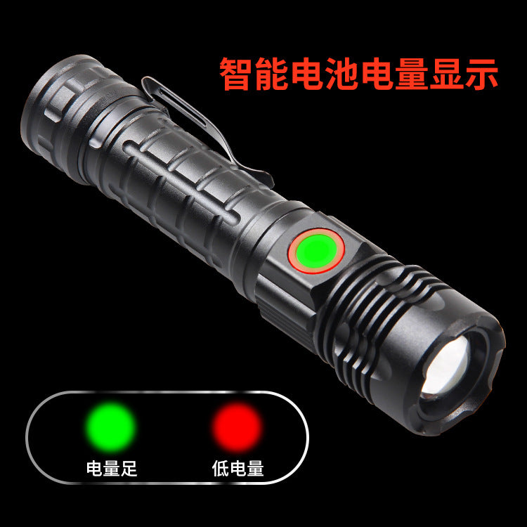 Cross-border new XHP-50 strong light USB charging, outdoor telescopic remote lighting power display LED flashlight