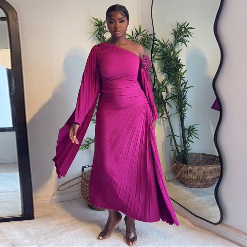 European and american women's clothing  autumn new collection: sweet and fresh asymmetrical neckline, extra-long flared sleeves, high-waisted slimming pleated maxi skirt