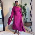 European and american women's clothing  autumn new collection: sweet and fresh asymmetrical neckline, extra-long flared sleeves, high-waisted slimming pleated maxi skirt