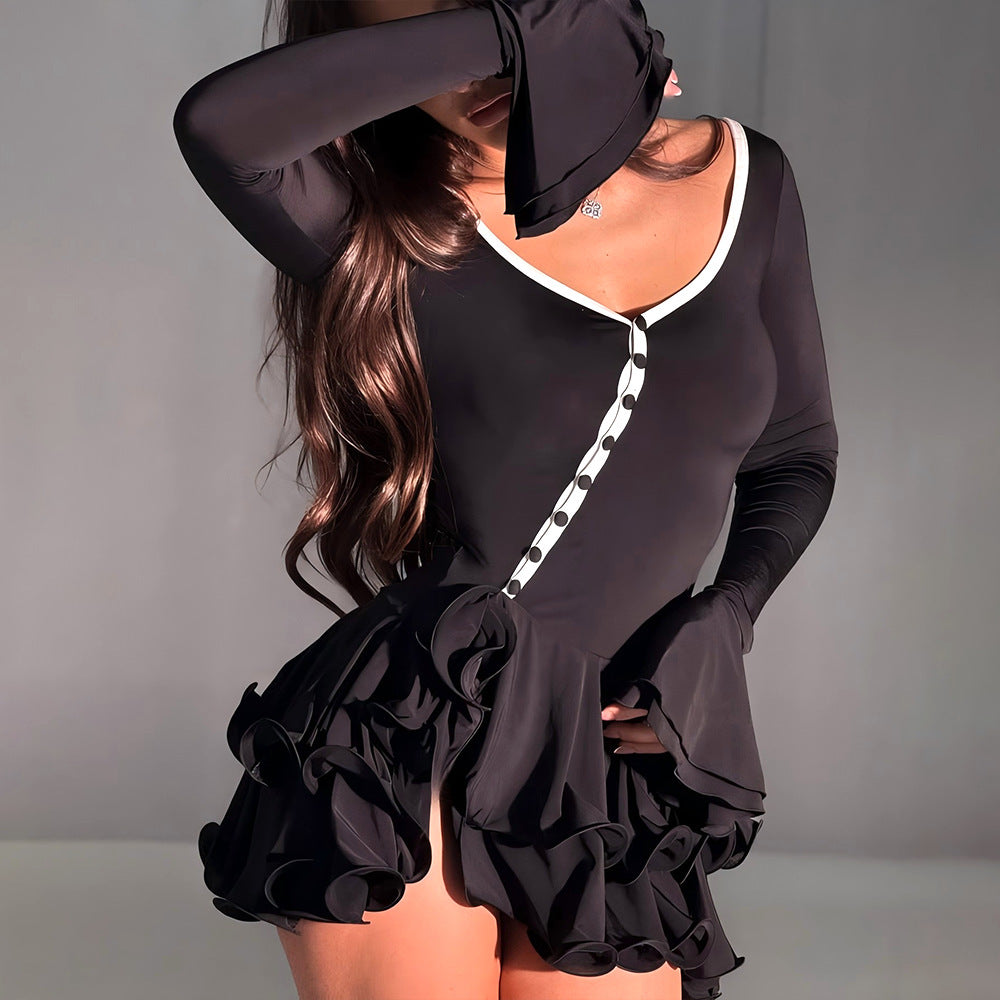 European and american women's clothing  summer new collection: flared sleeve, cinched waist, low-cut, sexy, spicy girl button-down dress - wholesale for export