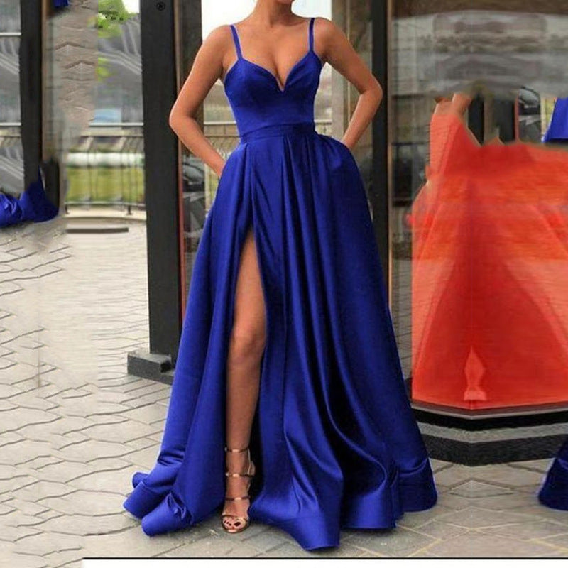 new cross-border spring  fashion dress slimming look color suspender tail banquet satin dress