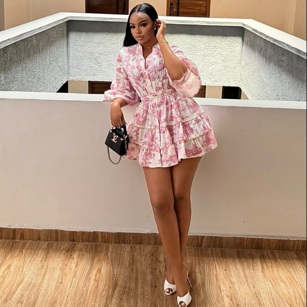 European and american cross-border women's clothing:  summer new arrivals - sweet & fresh pleated print puff sleeve bodycon dress