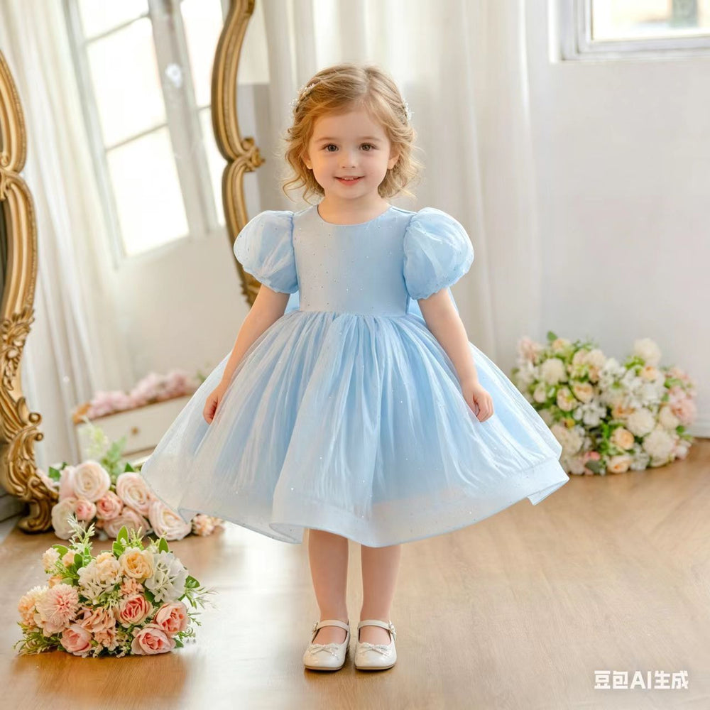 Girls' backless dress - new spring collection, european & american style, holiday party dress, kids' chic puff sleeve princess dress - cross-border e-commerce