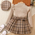 fashion children's clothing girl suitlong sleeves lace collar plaid pleated skirt belt beret suit 4-piece set