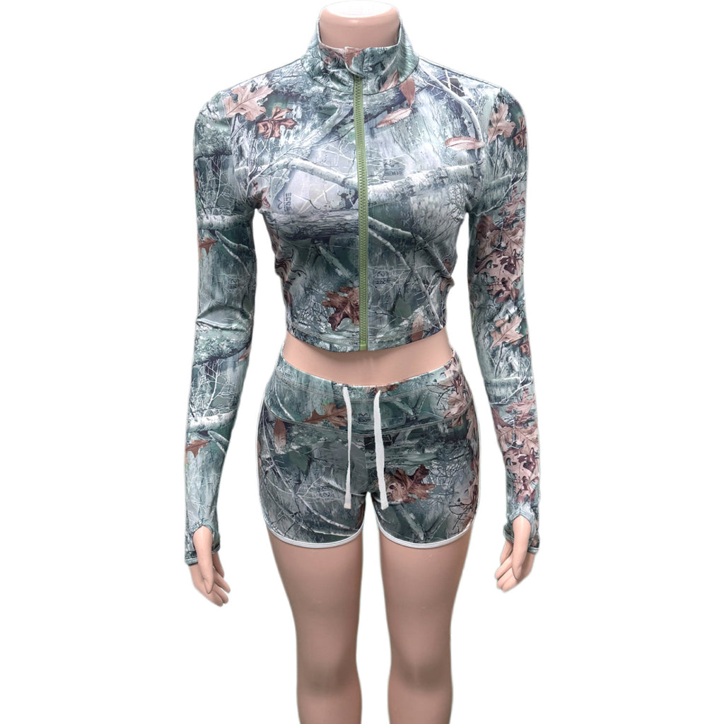 Cross-border Europe, America and 2025 new women's clothing sexy Spice Girls printed zipper cardigan top slim shorts two-piece set