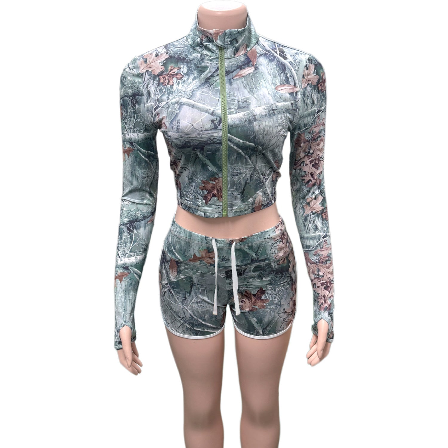 Cross-border Europe, America and 2025 new women's clothing sexy Spice Girls printed zipper cardigan top slim shorts two-piece set