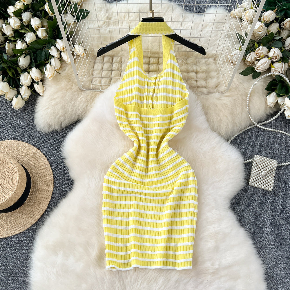 Pure desire sexyhalter sleeveless dress women's summer thin stretch tight stripesknitting backless skirt