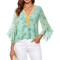 Amazon fashioneleganteleganceflowershirt women's  summer new ruffles sleeve v necktops
