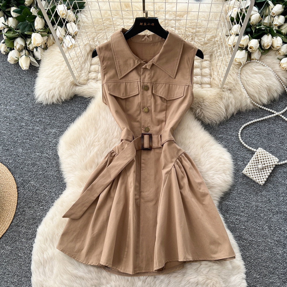 Frenchwork clothing sleeveless a-line light mature style dress women's summer khaki high waist waist slimming lookelegant short skirt