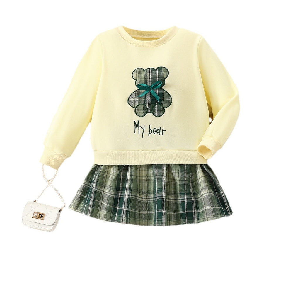 girls' sweatshirt - autumn long sleeve light yellow top - cute bear print - kids' crew neck korean style pullover