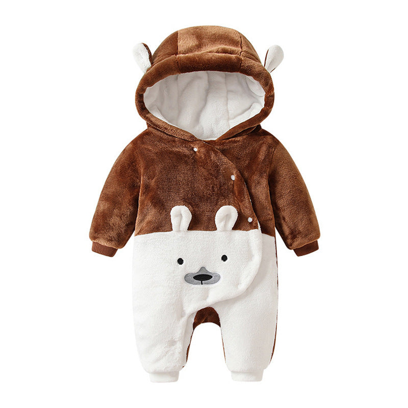 Autumn and winter baby onesie, double-layered and thickened, hooded bear design, baby romper, trendy instagram-style crawler suit, 6-month children's clothing wholesale